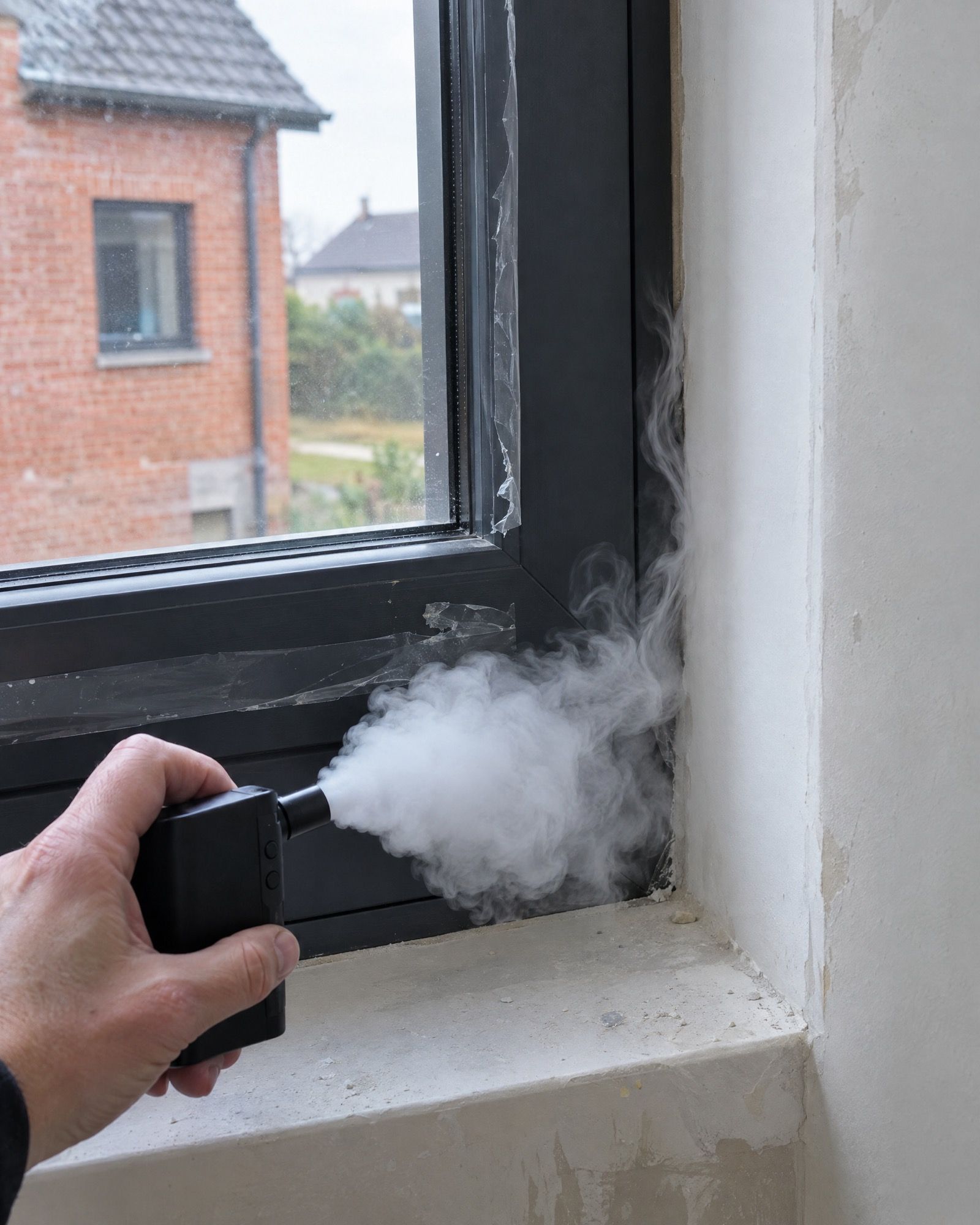 Fumigène aspiré au raccord entre le dormant d’un châssis et le mur, maison en dépression