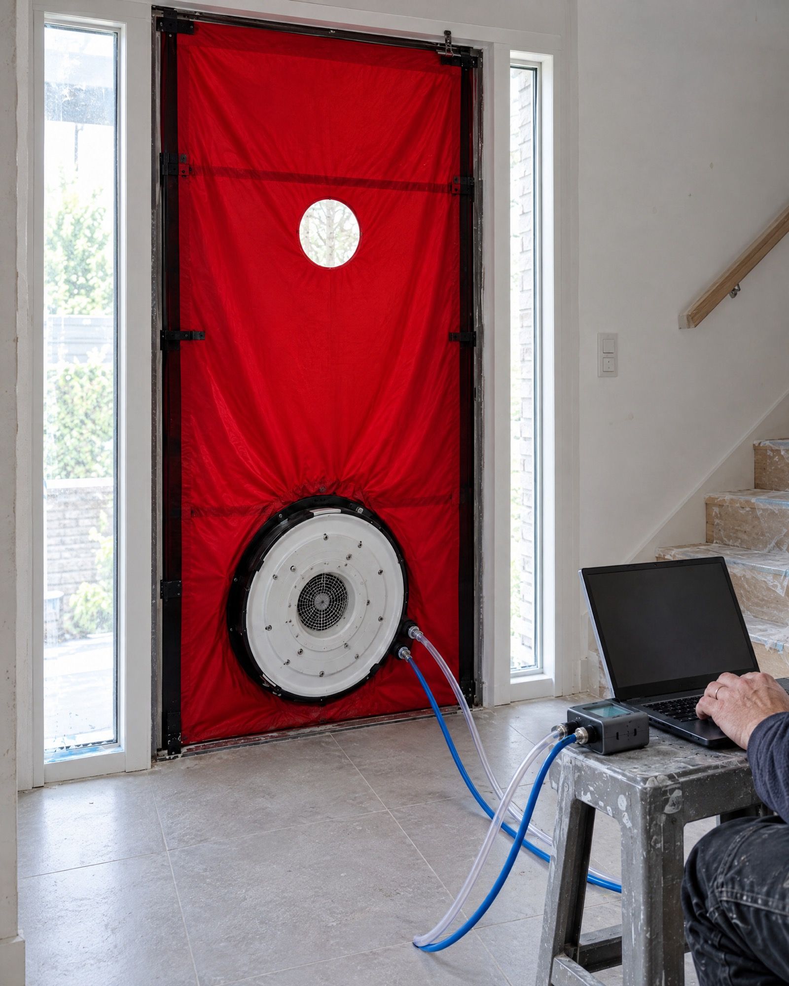 Porte soufflante installée dans une entrée, ordinateur de mesure relié au ventilateur