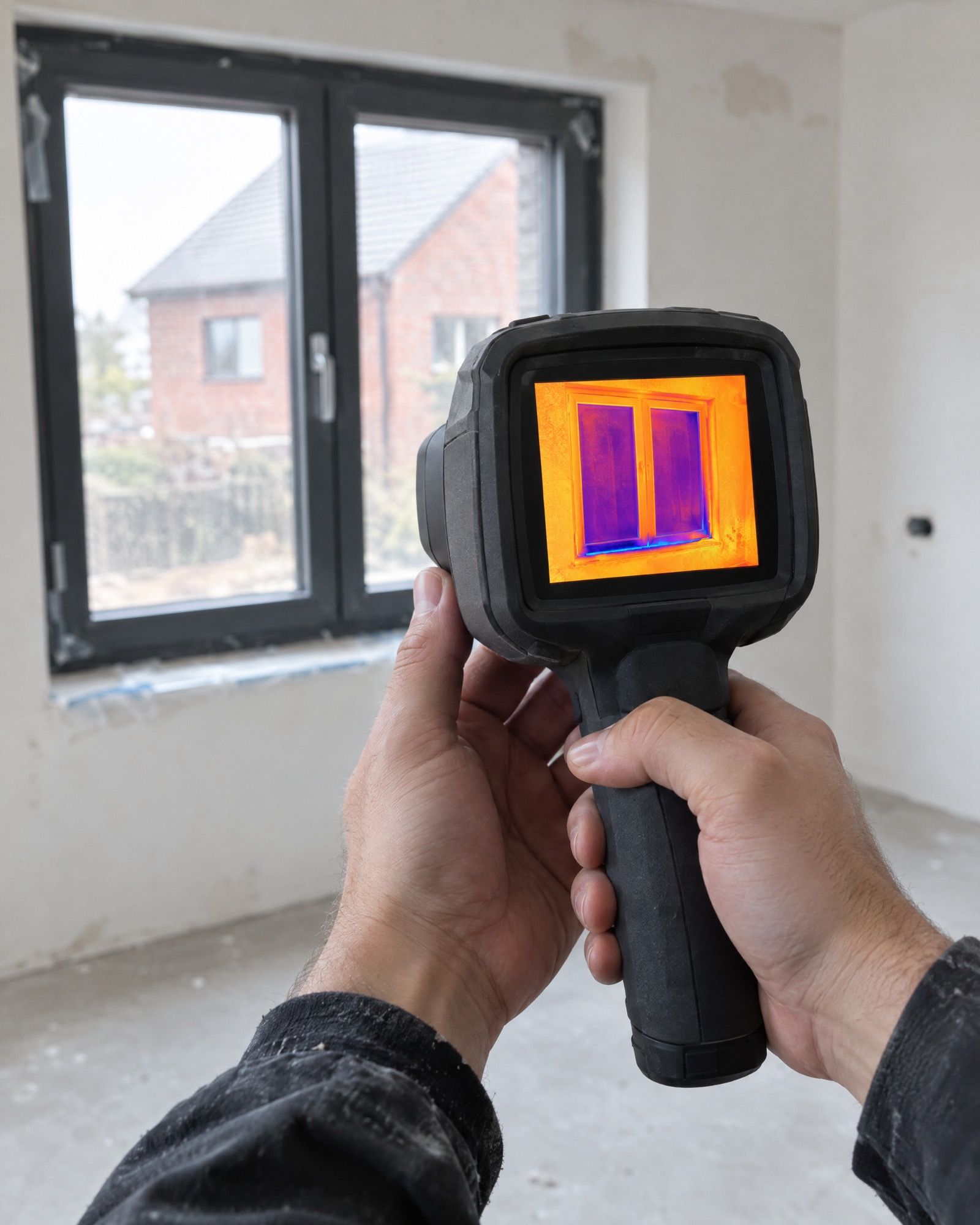 Caméra thermique tenue face à un châssis pendant une recherche de fuites